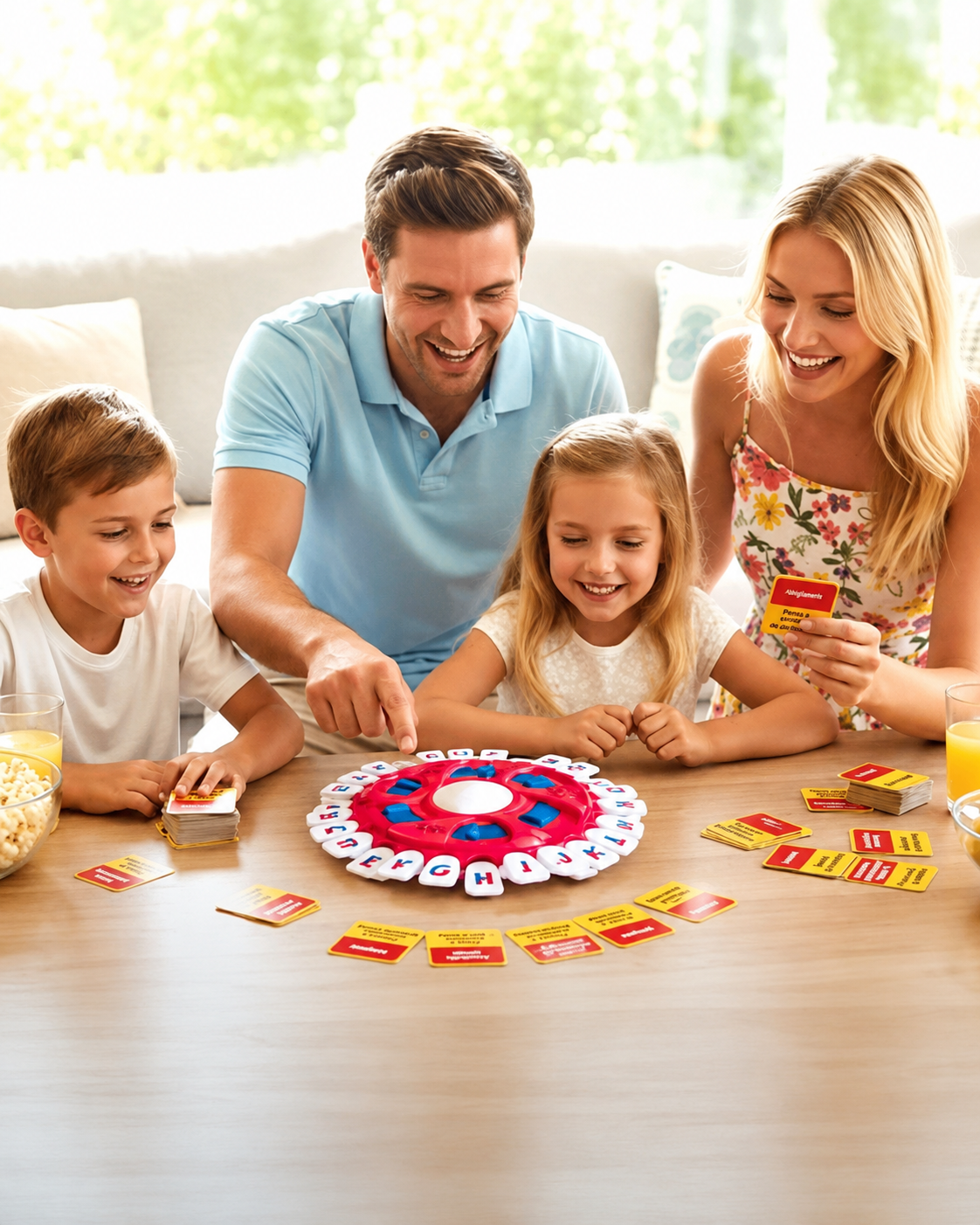 Famiglia che gioca a SUNEI Ruota attorno al tavolo con la ruota delle lettere al centro