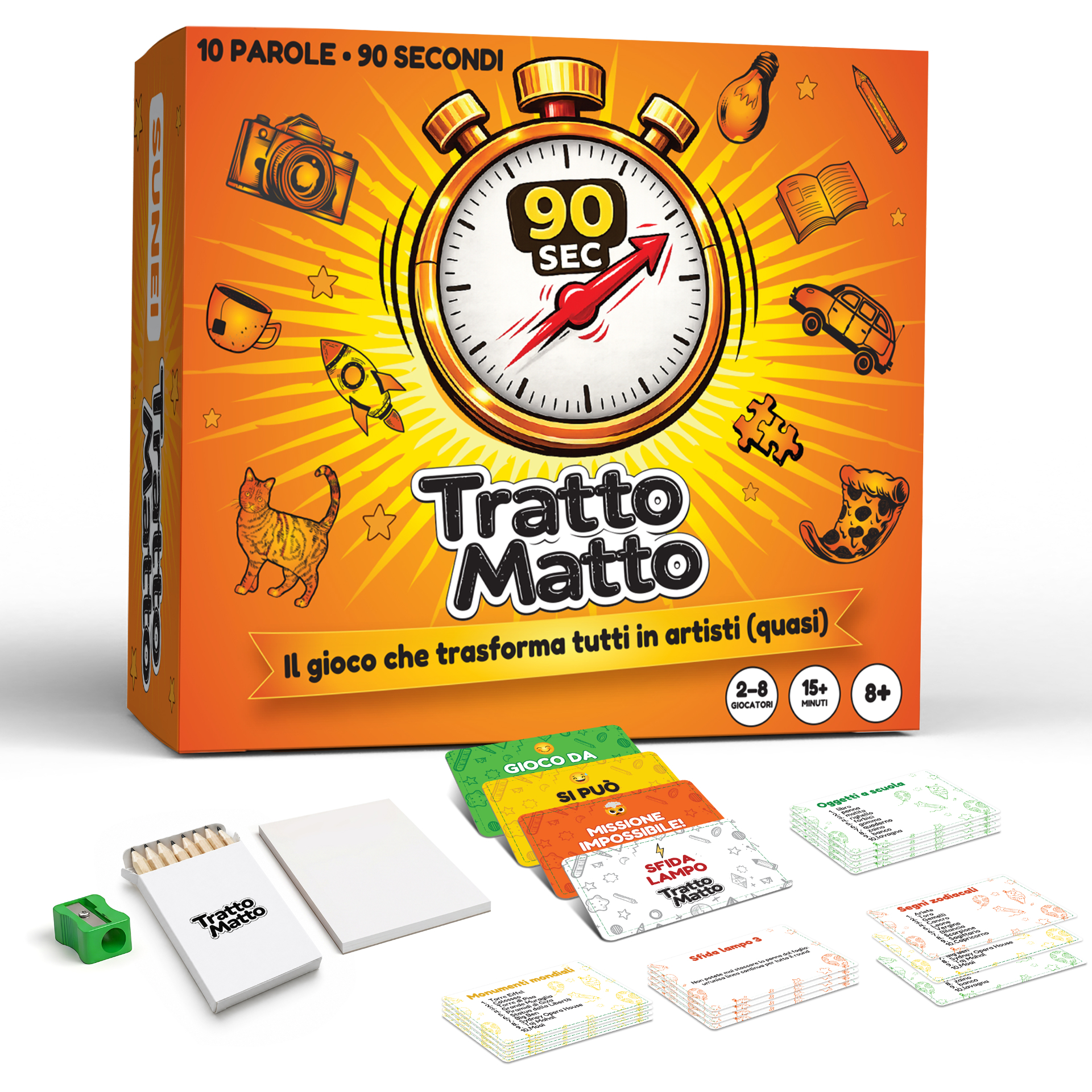 Confezione del gioco Tratto Matto con carte, matite e blocchetto da disegno