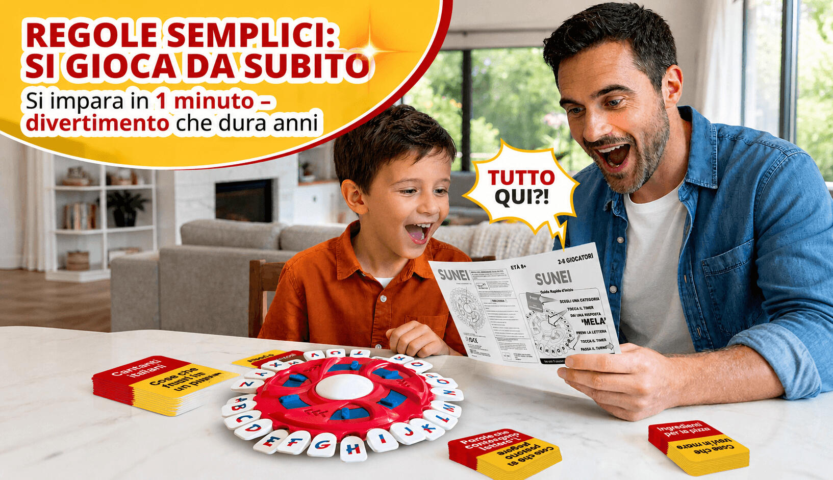 SUNEI gioco di parole veloce per famiglie e bambini Famiglia che gioca a SUNEI, gioco da tavolo di parole veloce in italiano per bambini e adulti