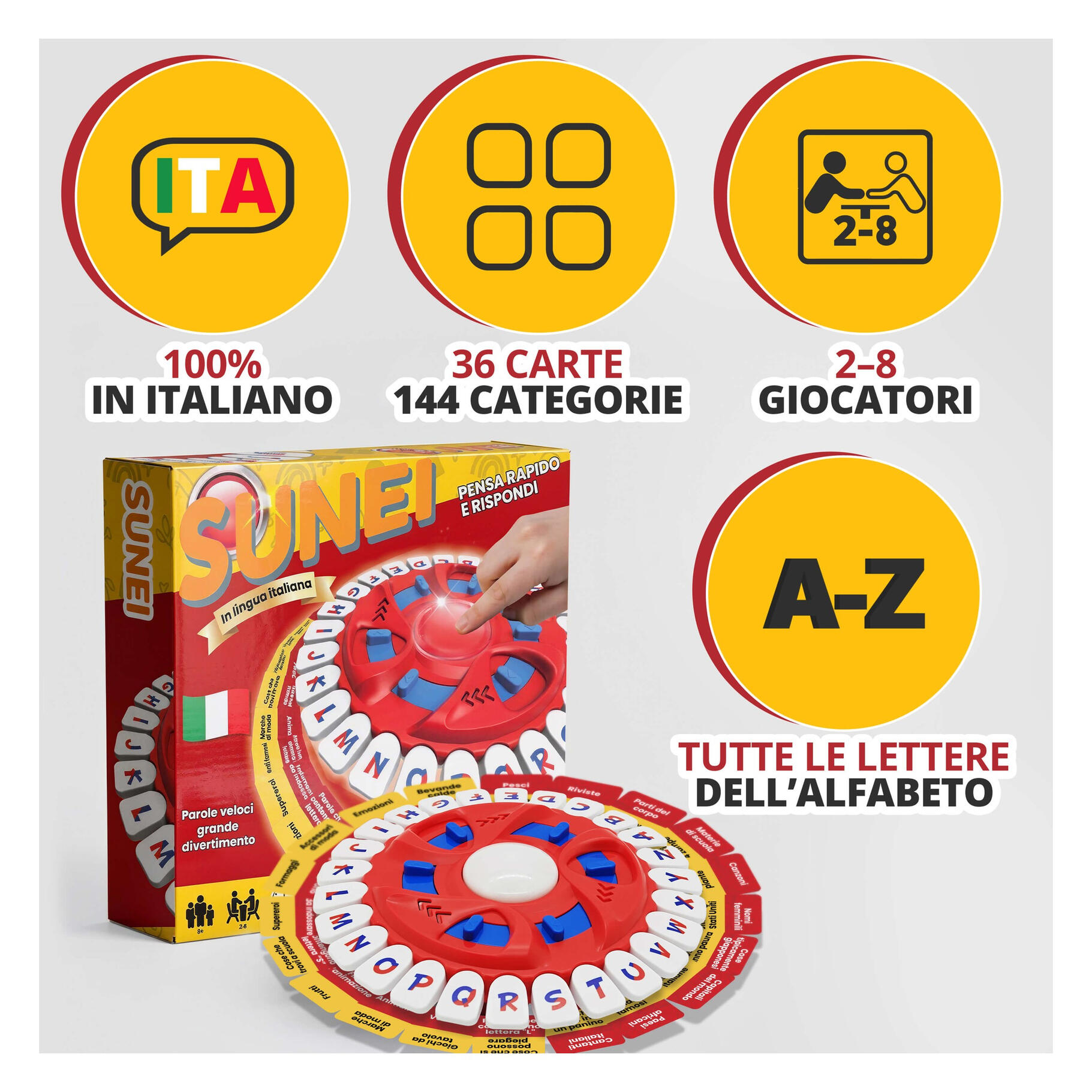 SUNEI in italiano con 144 categorie di gioco Gioco da tavolo SUNEI in italiano con 36 carte categoria e tutte le lettere dell’alfabeto